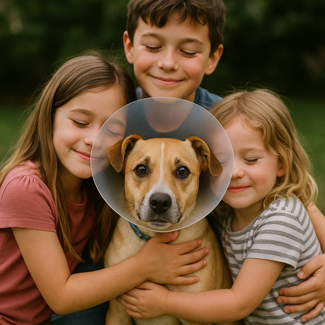 Dog in a cone with some children hugging the dog