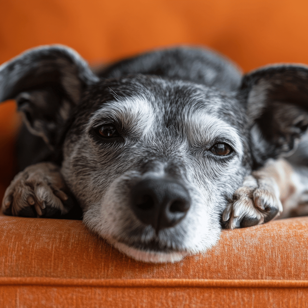 senior dog laying on an orange couch