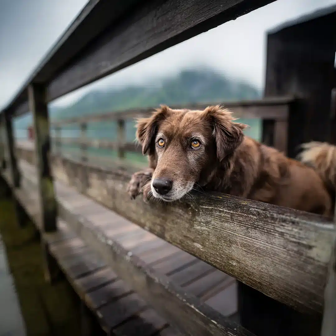 Brown Dog Leaning on Wooden Fence Outdoors Brown dog resting its head on a wooden fence with a thoughtful expression.